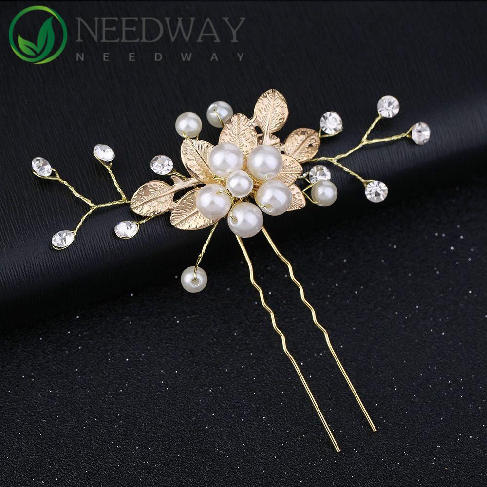 Needway   Kristal Bunga Jepit Rambut Aksesoris Rambut Fashion Wanita Hair Clip Perhiasan Pernikahan Pesta Ulang Tahun Mutiara Bunga Daun Emas