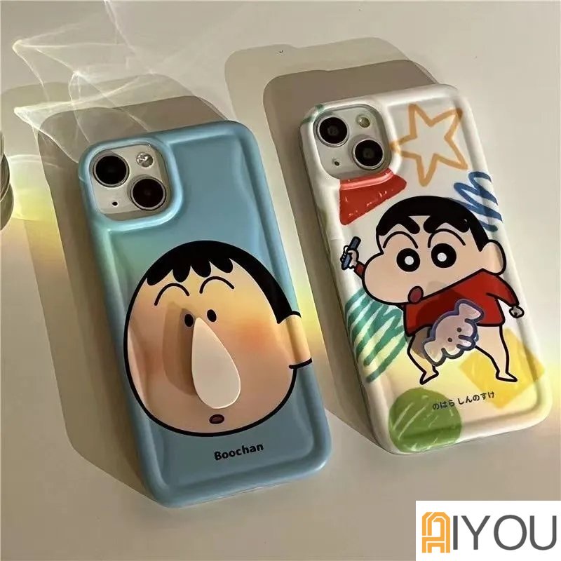 Kreatif Stereopic Berputar Gajah Kecil Ingus Crayon Shin Chan Perlindungan Ponsel Case Kompatibel Untuk iPhone14 14Plus 14 Pro Max 13 12 11 Pro Max XR IX Cakupan Penuh Shockproof Soft Cover