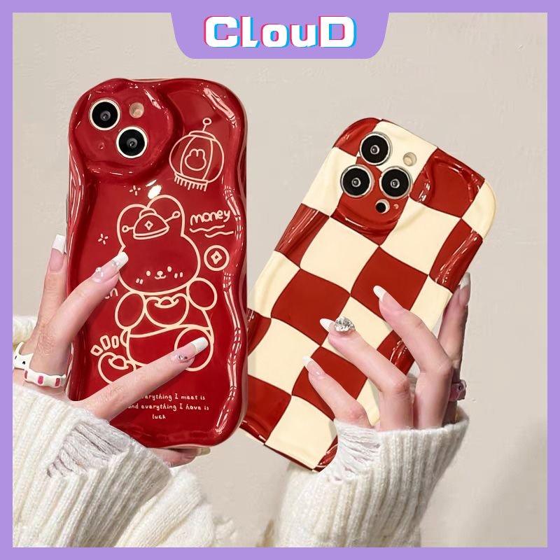 Untuk Oppo A12 A17k A16 A1k A5 A74 A16K A31 A16E A16s A3s A55 A77 A53 A92 A52 A77s A17 A57 A9 A54 A15 A7 A54s A5s A95 A96 A76 Cute Rabbit Red Checkerboard 3D Wavy Curved Edge Cover