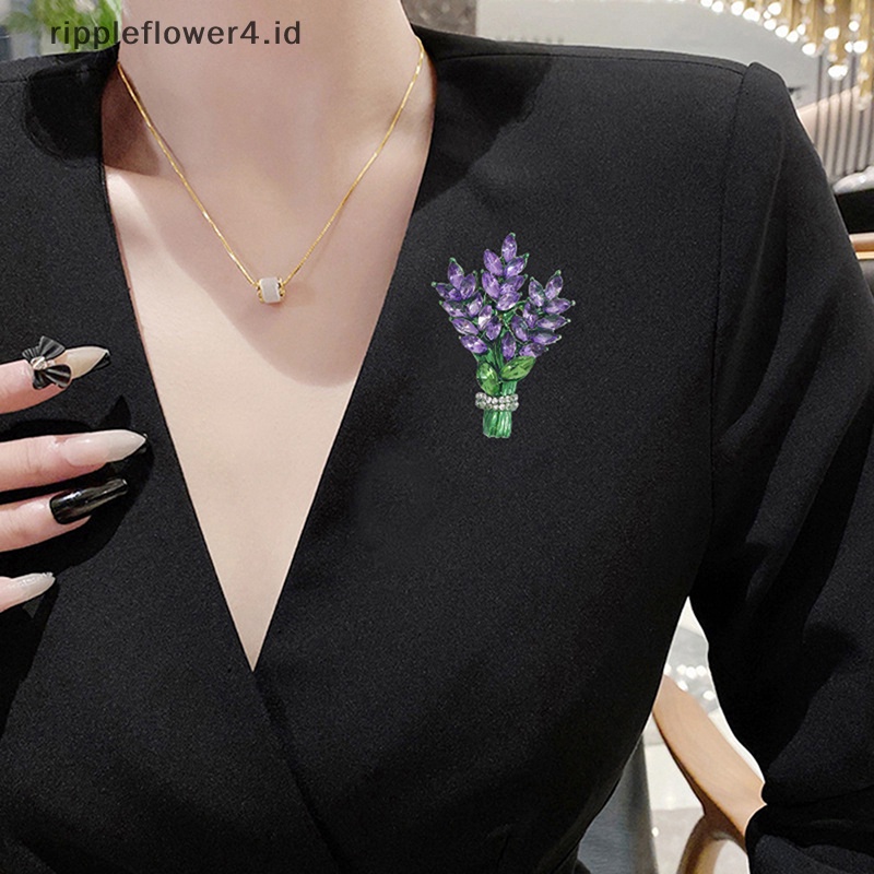{rippleflower4.id} Wanita Bros Romantis Kristal Lavender Bunga Lapel Pin Alloy Tanaman Bros Kerah Pin Aksesoris Hadiah Perhiasan~