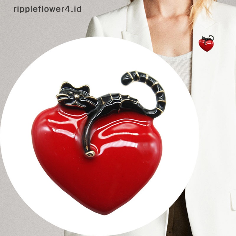 {rippleflower4.id} Fashion Cinta Hati Kucing Malas Enamel Bros Pin Untuk Wanita Lapel Perhiasan Hadiah Pesta~