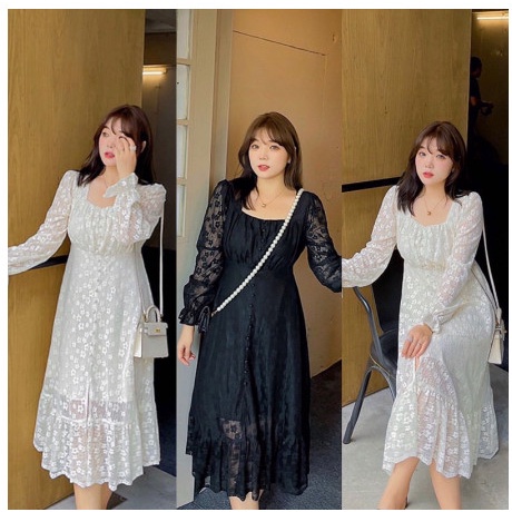 STANDING KOREAN STYLE FLORAL LACE VINTAGE MIDI DRESS LENGAN PANJANG - white