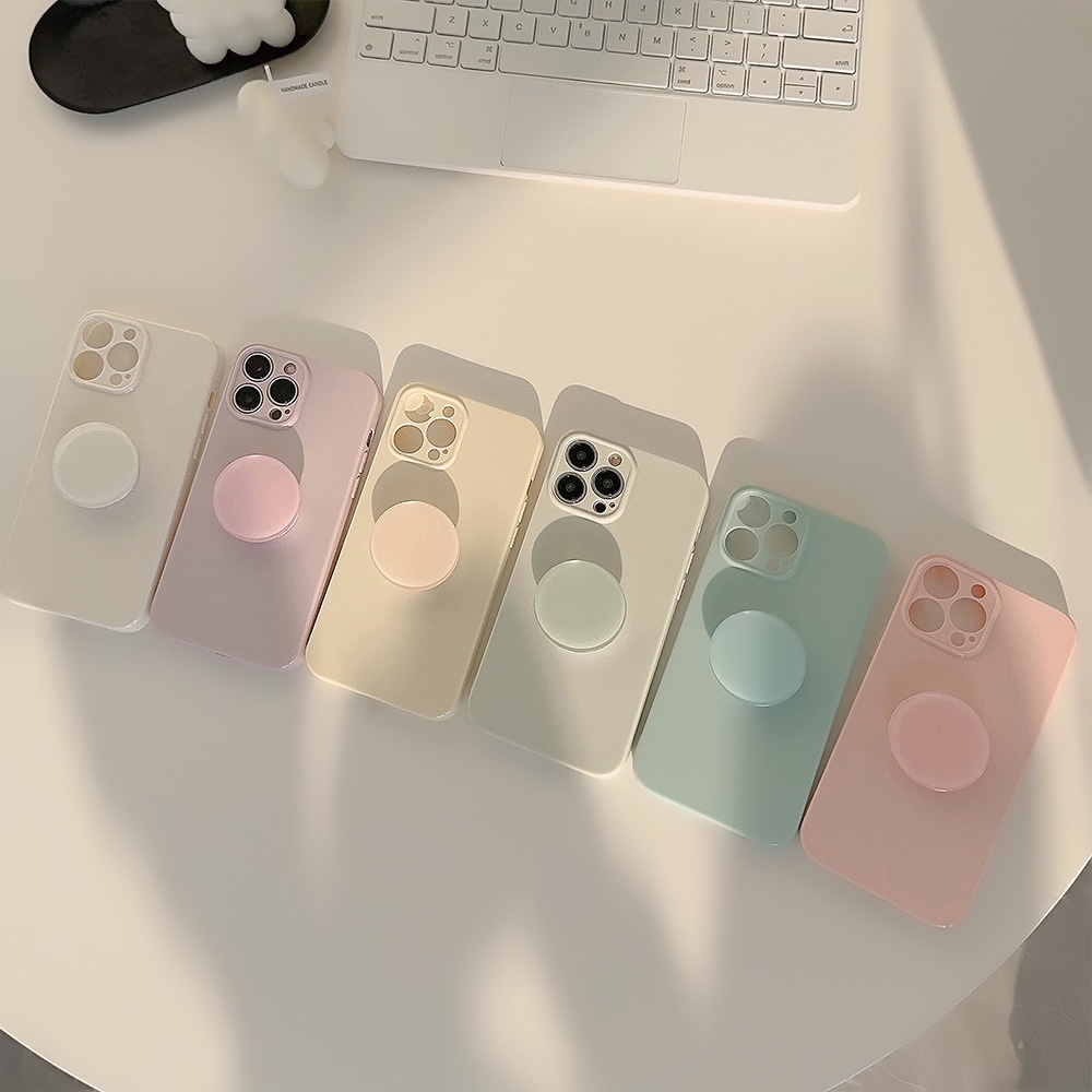 IPHONE 6warna Desain Dasar Macaron Warna Solid Perlindungan Penuh Telepon Soft Case Cover Dengan Holder Bulat Untuk Iphone11 12 13 14 PLUS PRO MAX