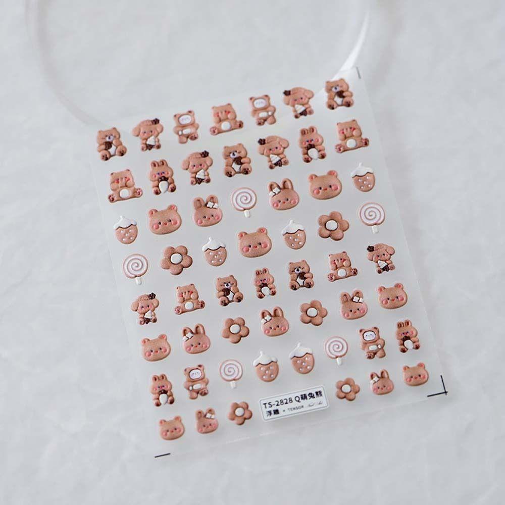 Agustina Kartun Stiker Kuku 3D Relief Perekat Diri Buah Strawberry Bear Dessert Dekorasi Kuku
