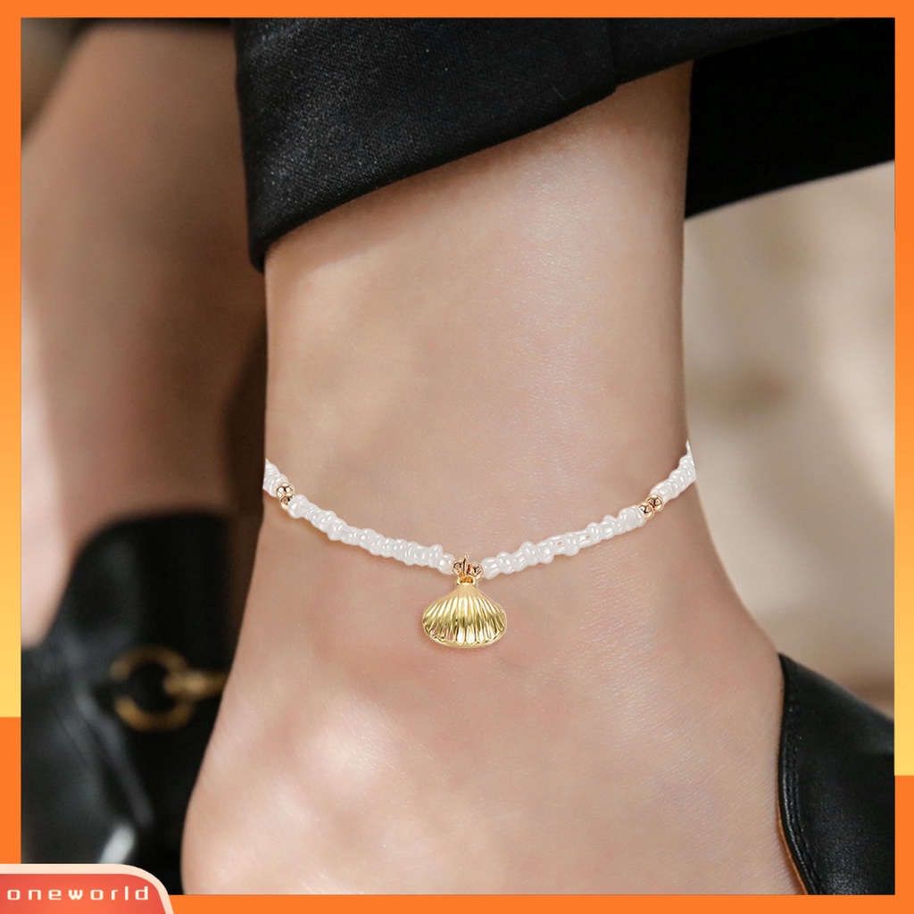 [WOD] Wanita Gelang Kaki Kerang Liontin Temperamen Elegan Adjustable Dipanjangkan Rantai Dekoratif Hadiah Mutiara Imitasi Musim Panas Pantai Barefoot Gelang Kaki Perhiasan