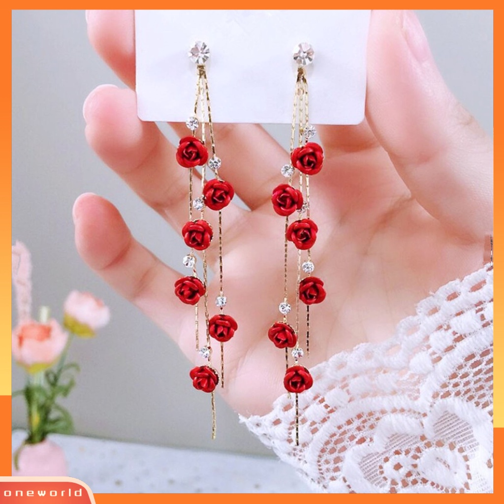 [WOD] 1pasang Berlian Imitasi Mengkilap Elegan Wanita Anting Bunga Mawar Panjang Rumbai Drop Earrings Perhiasan Pesta