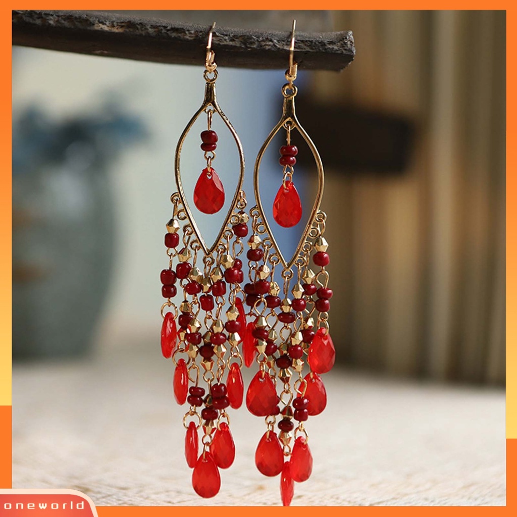 [WOD] 1pasang Anting Menjuntai Menawan Gaya Etnik Alloy Hollow Beads Rumbai Wanita Earrings Untuk Pesta