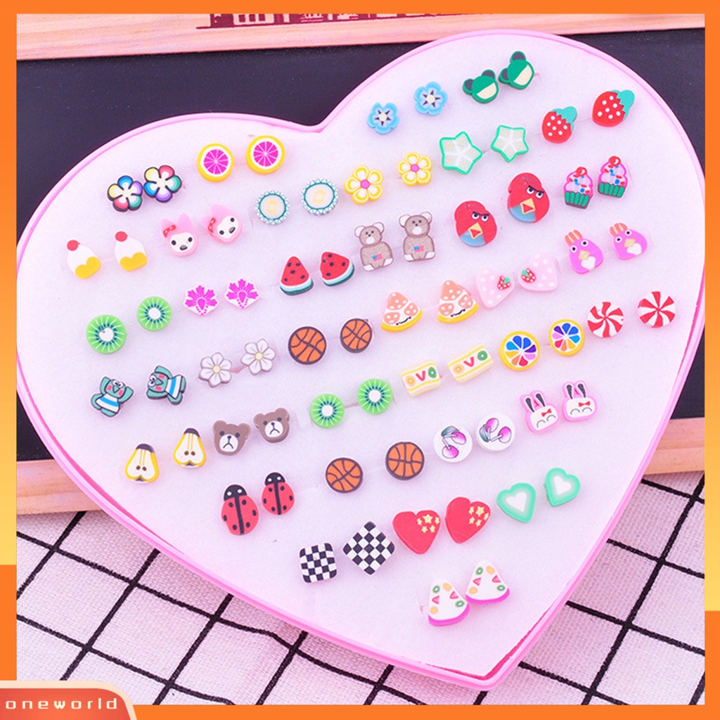 [WOD] 36pasang Wanita Ear Studs Set Bersinar Multi-Warna Kartun Ringan Tidak Bahaya Hias Stainless Bentuk Berbeda Stud Earrings Set Hadiah