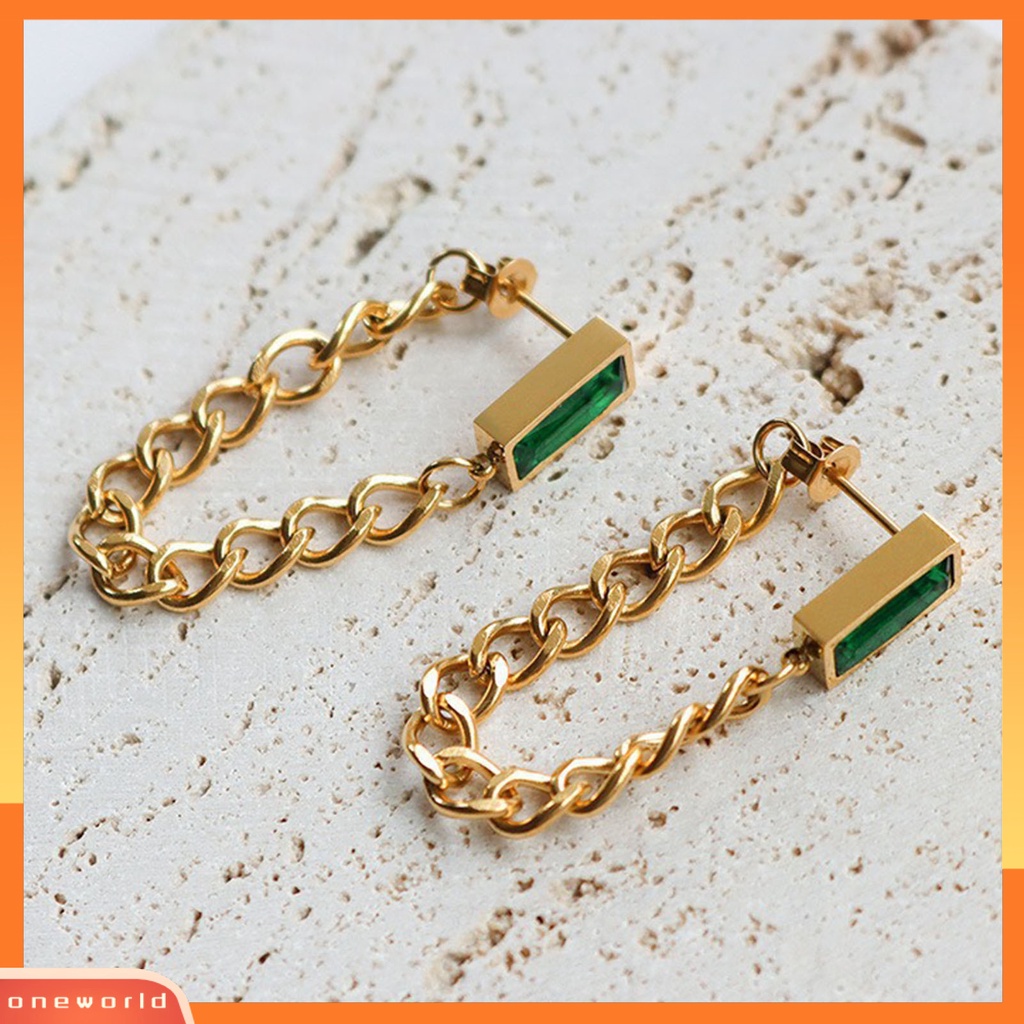 [WOD] Wanita Anting Dirantai Persegi Cubic Zirconia Perhiasan Vintage Electroplating Kalung Anting Gelang Untuk T Show Gown