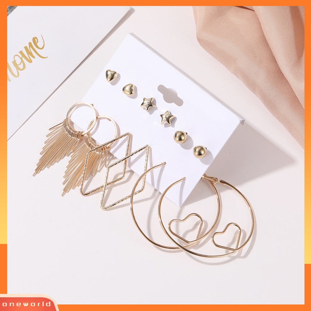 [WOD] 6pasang Wanita Mutiara Imitasi Bulat Geometris Menjuntai Ear Stud Hoop Earrings Jewelry