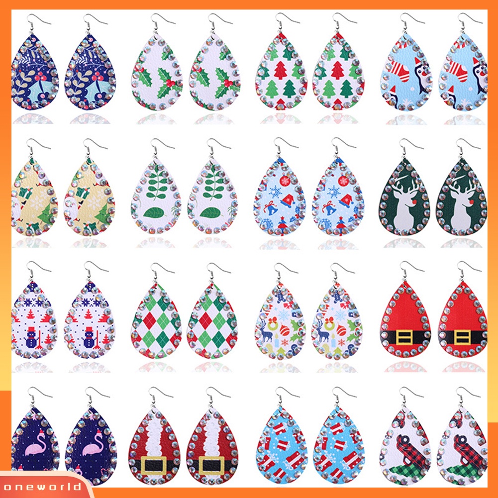 [WOD] Gaya Natal Bentuk Drop Berlian Imitasi Buatan Kulit Anting Perhiasan Hadiah