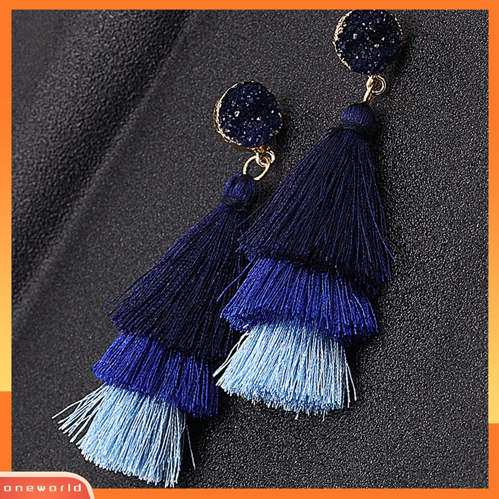 [WOD] Bohemian Wanita Faux Quartz Multilayer Panjang Rumbai Menjuntai Drop Earrings Perhiasan