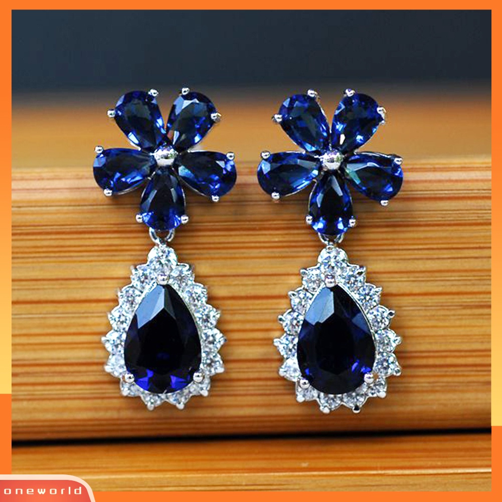 [WOD] Fashion Wanita Bunga Drop Pear Liontin Berlian Imitasi Menjuntai Stud Anting Perhiasan