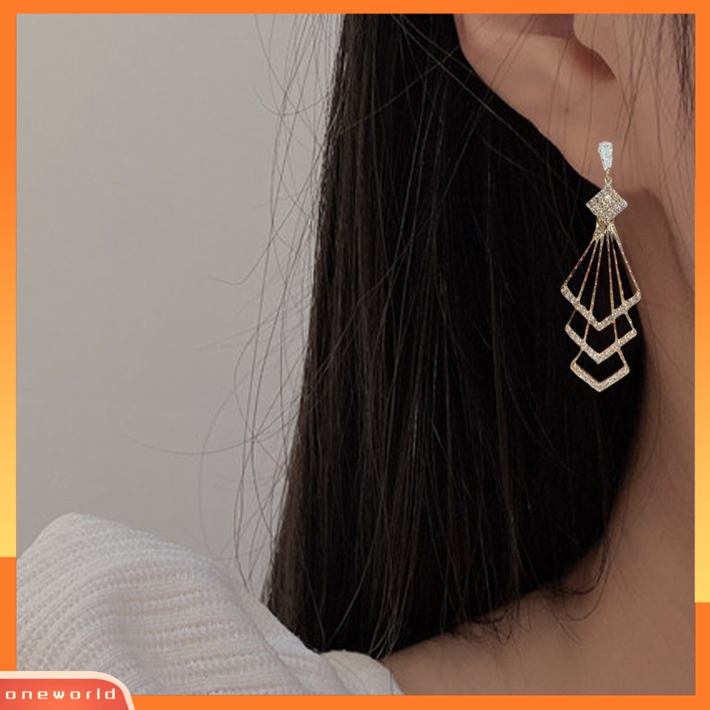 [WOD] Wanita Drop Earrings Tiga Lapis Berlian Imitasi Mengkilap Bentuk Belah Ketupat Anting Gantung Aksesori Perempuan