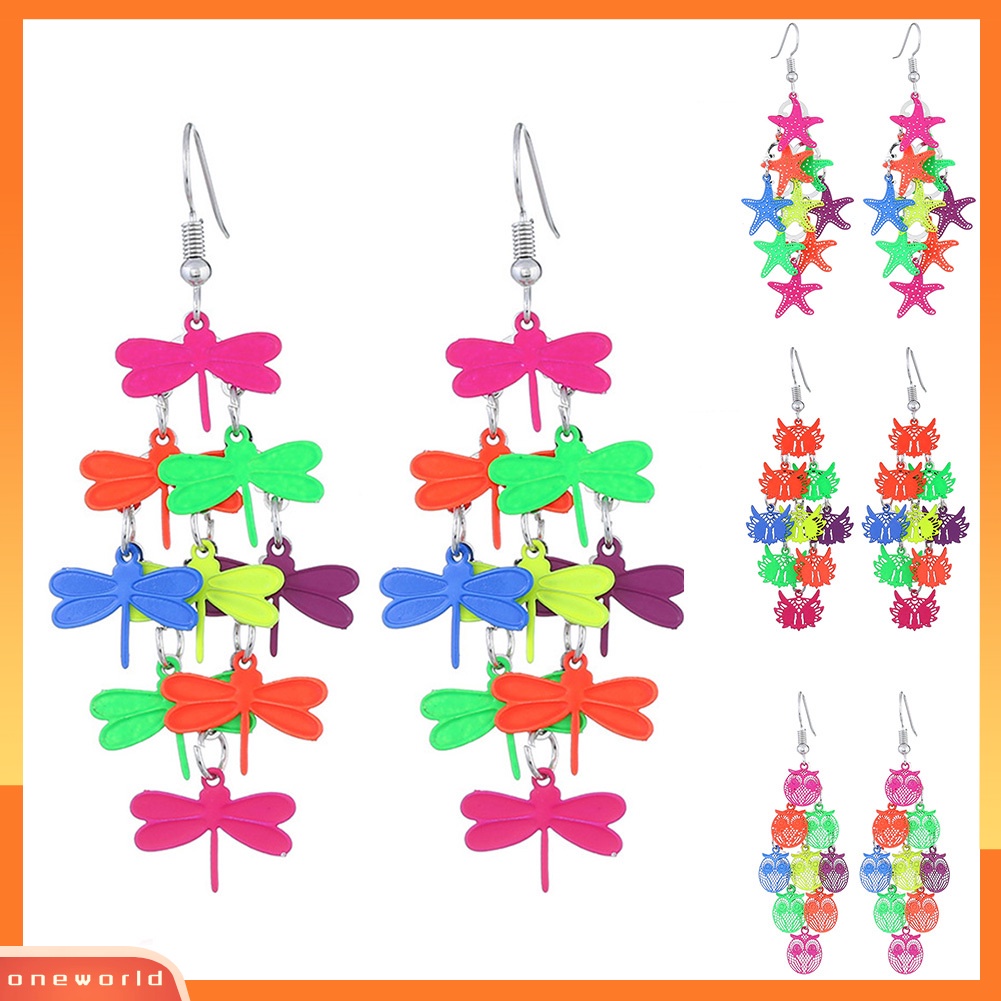 [WOD] Lady Colorful Berongga Burung Hantu Bintang Capung Kupu-Kupu Rumbai Drop Statement Earrings