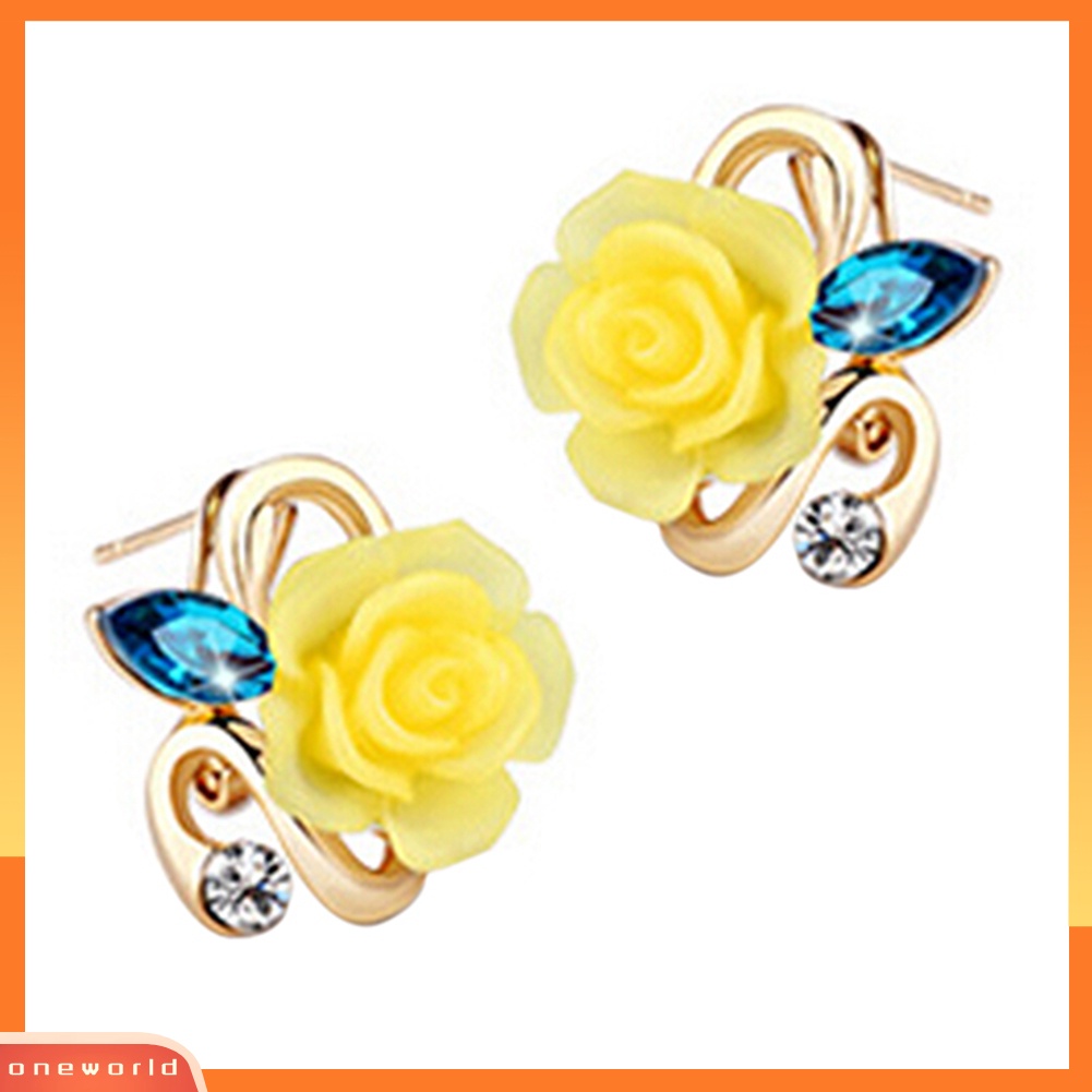 [WOD] 1pasang Elegan Retro Wanita Berlian Imitasi Mawar Bunga Flower Ear Stud Earrings