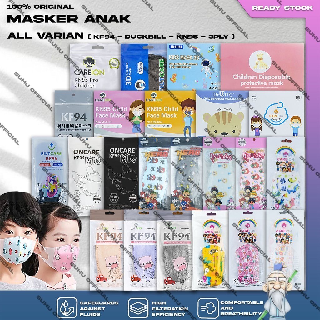 Masker Anak Duckbil KF94 KN95 3PLY Putih Hitam Abu Warna Motif Earloop Surgical Mask Kemenkes