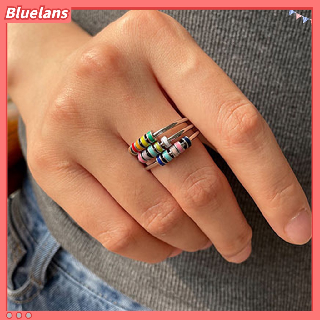 [BLS] Open Ring Adjustable Pengerjaan Halus Penghilang Kecemasan Dengan Manik-Manik Enamel Pembukaan Dekorasi Aksesori Unisex Susun Cincin Berputar Untuk Pakaian Sehari-Hari