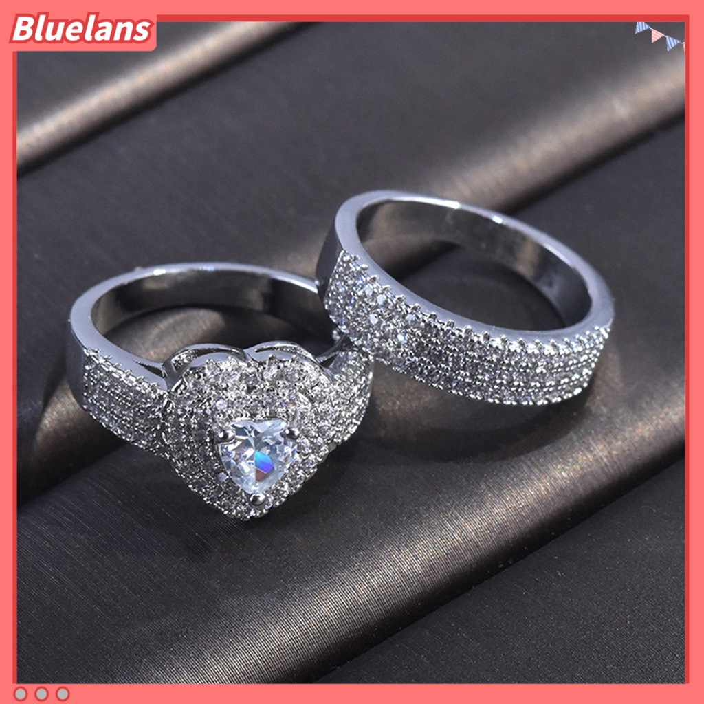 [BLS] 2pcs/set Cincin Pengantin Berlian Imitasi Mengkilap Mewah Geometris Indah Perhiasan Hadiah Menawan Kekasih Bentuk Hati Janji Cincin Perhiasan Aksesori