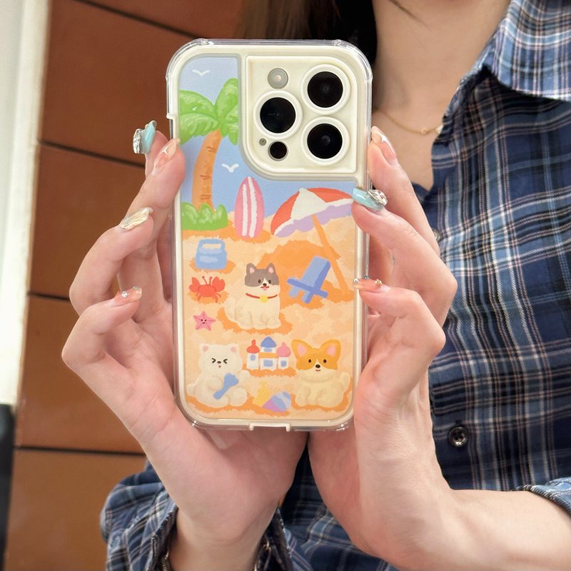 Beach Oil Painting Puppy Soft TPU Case iP iPhone 14 + Plus 11 12 13 Pro Max 2in1 FTD Girl Woman Casing Apple