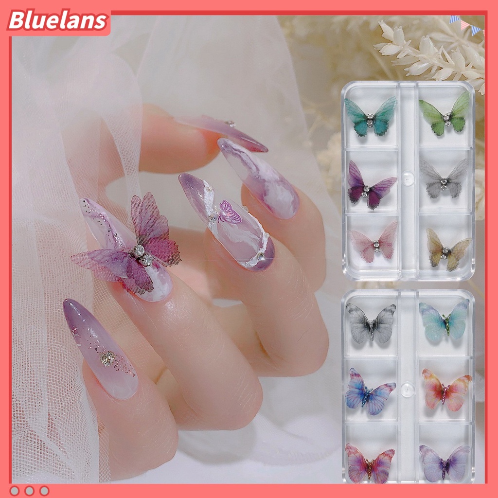 [BLM] 6pcs Dekorasi Kuku 3D Tampilan Realistis Warna Vibrant Mempesona Efek Visual Aplikasi Lebar Dapat Dilepas Aksesoris Nail Art Butterfly 3D Dekorasi Kuku Untuk Salon Kuku