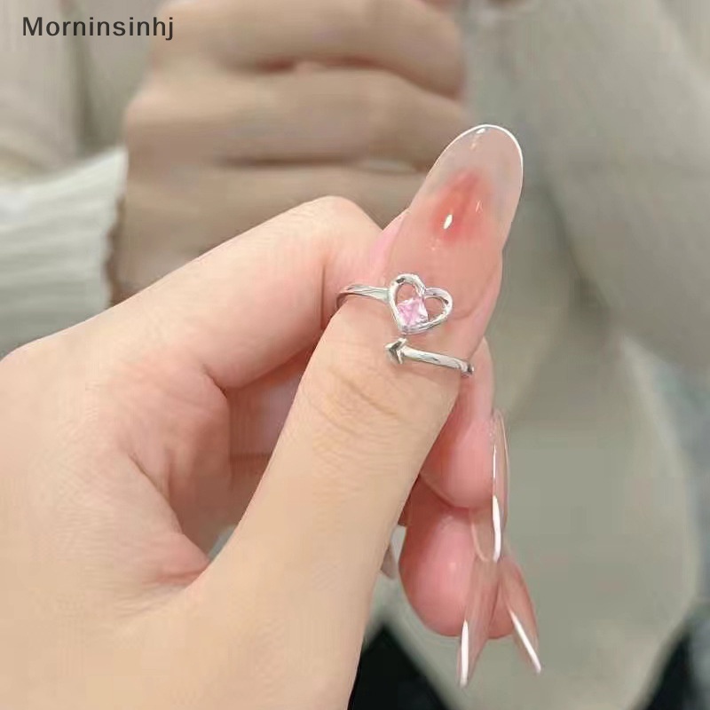 Mornin Fashion Shiny Pink Rhinestone Heart Opening Couple Rings Vintage Kristal Adjustable Finger Ring Untuk Wanita Kekasih Perhiasan Hadiah id