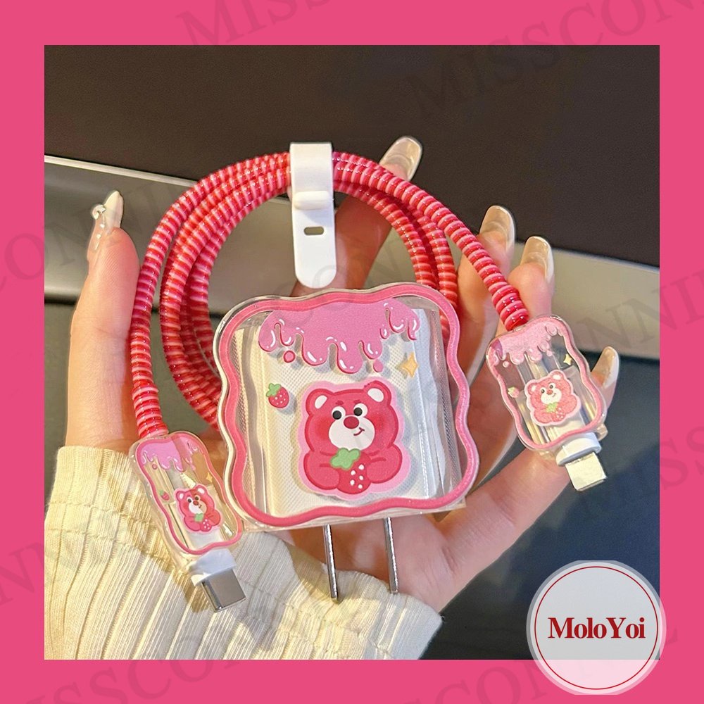 Set Lengan Kabel Data Tepi Bergelombang 5in1 Kompatibel Untuk Apple 18/20W Adapter Charger Cute Strawberry Bear Toy Story Love Heart Lovely Bowknot Cable Soft Cover Dengan Pelindung Gigitan