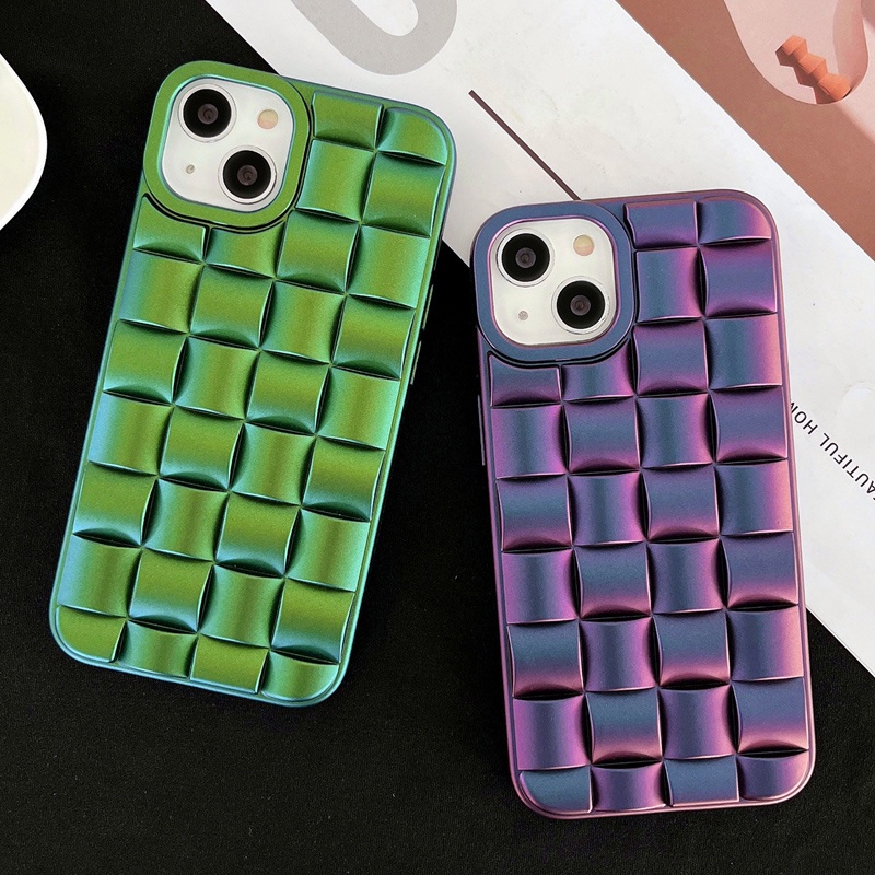 IPHONE Casing Ponsel plating Kotak-Kotak Motif Anyaman 3D Untuk Iphone11 12 13 14 Pro max 6 7 8 14 plus XR X XS XSMAX Silikon Lembut shockproof cover