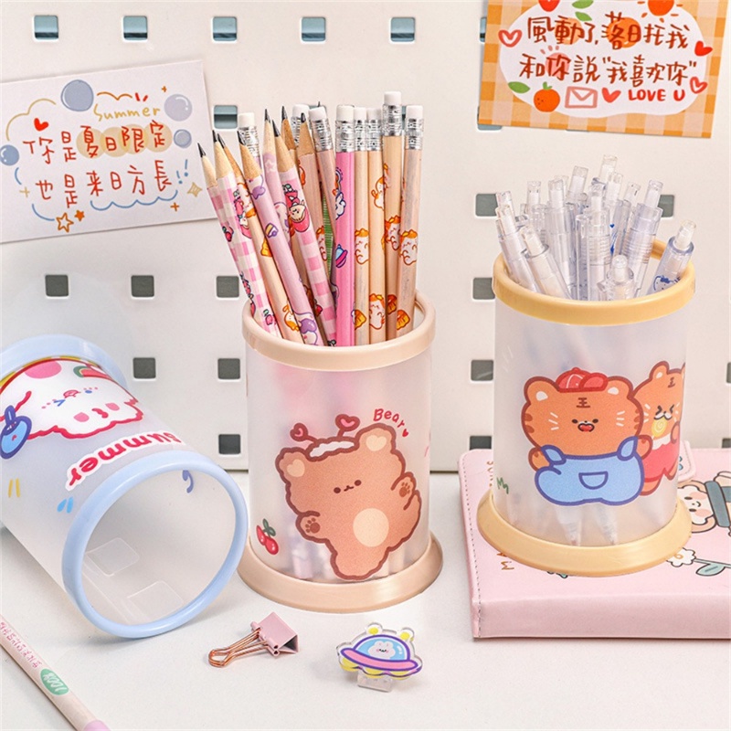 Kartun Lipat Kapasitas Besar Circular Makeup Brushes Penyimpanan Tempat Pulpen/ Multifungsi Frosted Transparan Animal Desktop Organizer Box Perlengkapan Kantor Sekolah