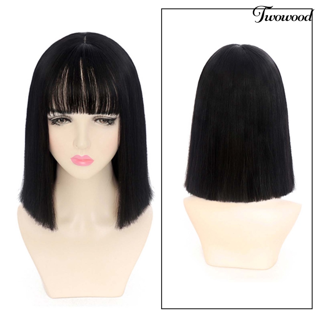 Twowood Jisheng Wig Lurus Ketat Warna Alami Wig Bob Lurus Pendek Serat Suhu Tinggi Dengan Bang Untuk Anak Perempuan