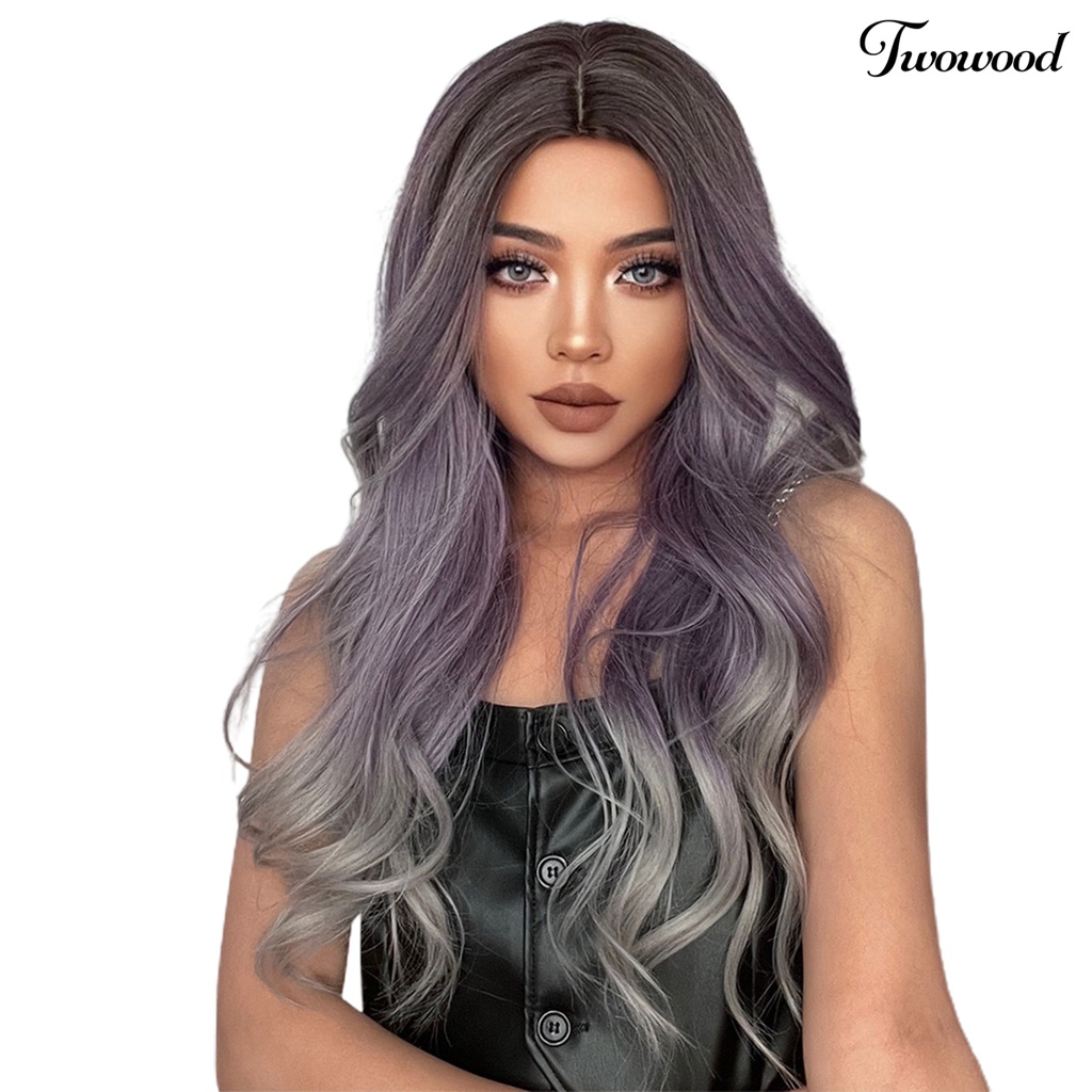 Twowood Gradient Wig Digunakan Kembali Fashion Berbulu Menarik Universal Lady Alat Kecantikan Ringan Medium Brown Gradient Ungu Abu Wig Keriting Panjang Untuk Rumah