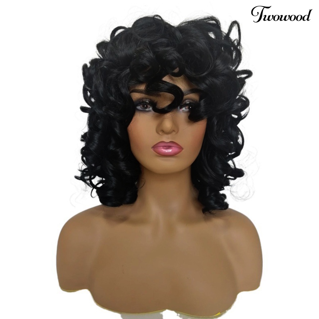 Twowood Curly Hair Wig Fashion Mudah Dipakai Berbulu Trendi Kosmetik Sehat Aksesori Suhu Tinggi Sutra Poni Panjang Keriting Wanita Wig Untuk Kehidupan Sehari-Hari