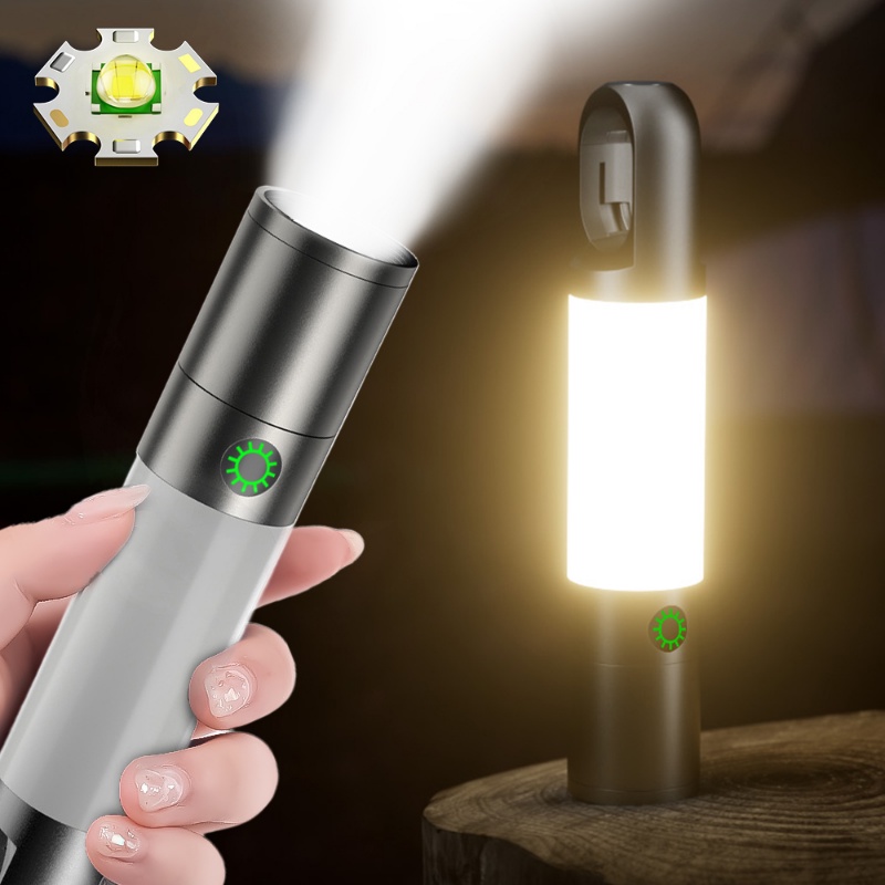 Senter Terang Tahan Air Portabel Multifungsi Jarak Jauh Sumber Cahaya Ganda Tipe-C Rechargeable LED Torch Untuk Camping Outdoor