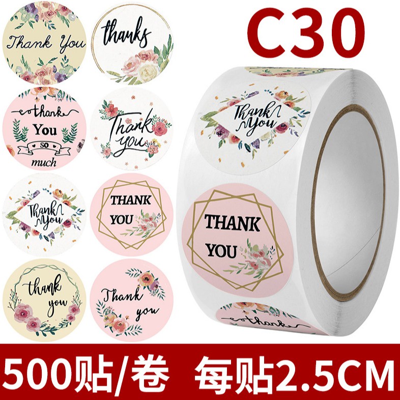 500 pcs Stiker Thank You 2,5 cm | Stiker Roll Kemasan | Stiker Bulat Motif Karakter Hiasan Packaging Tempel