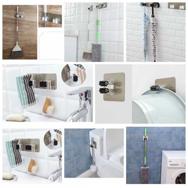 Gantungan Dinding Tempel Waterproof Adhesive Mop Holder Double Slot - AK20