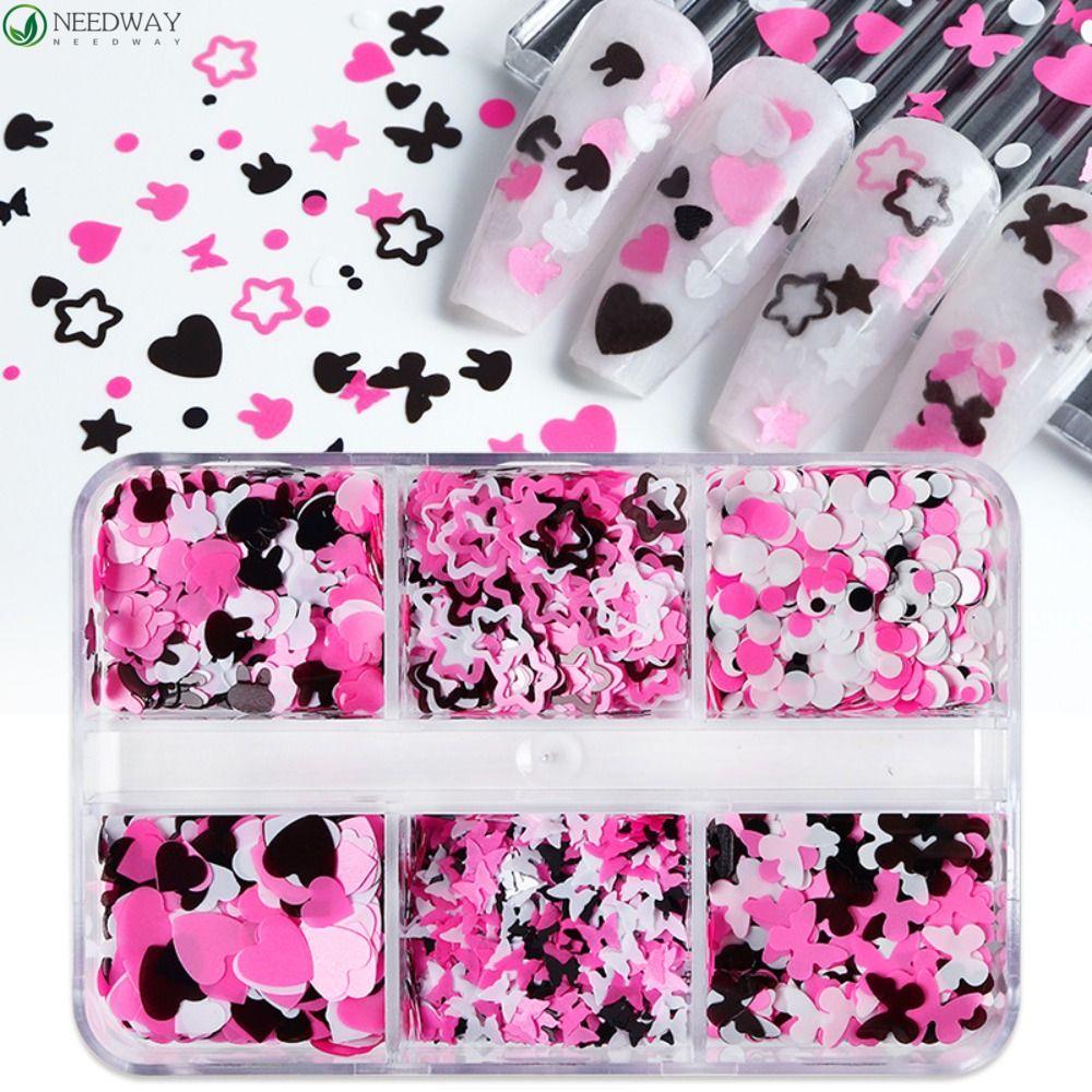 Needway Paku Glitters Hati 6kisi Kotak Hitam Dan Pink Aksesoris Kuku Kupu-Kupu Manicure Ornaments