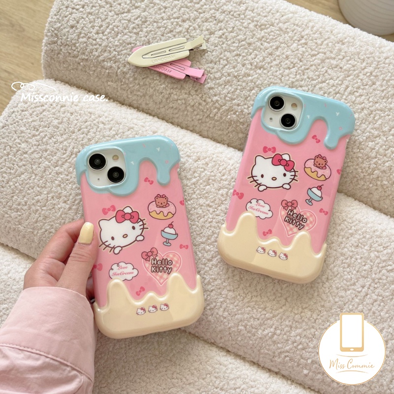 IPHONE Kreatif Permen 3D Ice Cream Case Kompatibel Untuk Iphone11 14 12 13 Pro Max 7Plus XR X XS Max7 8 Plus Kartun Lucu Hello Kitty Cinta Hati Kue Beruang Lembut Tpu Cover