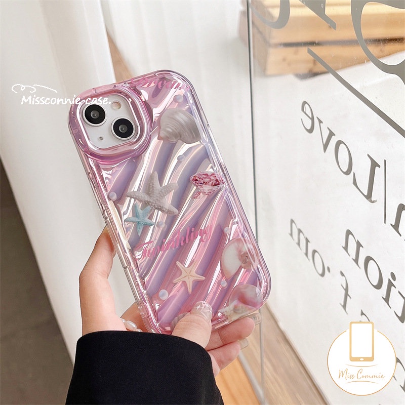 IPHONE Fantasy Case Bening Kartu Laser Mutiara Bintang Laut Shell Kompatibel Untuk Iphone11 12 13 14 Pro Max7 8 Plus 6 6S 7 8 Plus XR X XS MAX SE 2020kreativitas 3D Stereo Motif Bergelombang Cover