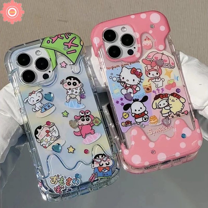 Cute Hello Kitty Pochacco Kuromi Case Kompatibel Untuk IPhone 7Plus 11 12 13 14 Pro Max XR X7 8 Plus XS Max Se2020 3D Ice Cream Kartun Crayon Shin-chan Lembut TPU Cover