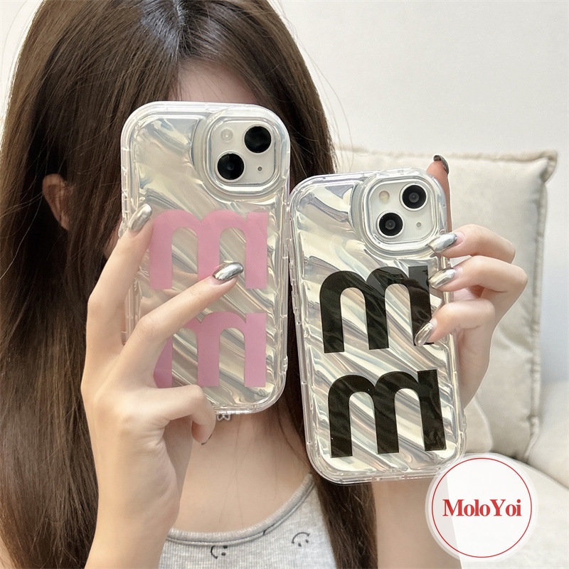 IPHONE Soft Case Busur Pita Pink Kompatibel Untuk Iphone11 14 13 12 Pro MAX 7Plus XR XS X Max7 6 6S 8plus SE 2020huruf Simple M 3D Stereo Corrugation Dengan Penutup Stiker Hati Berlian