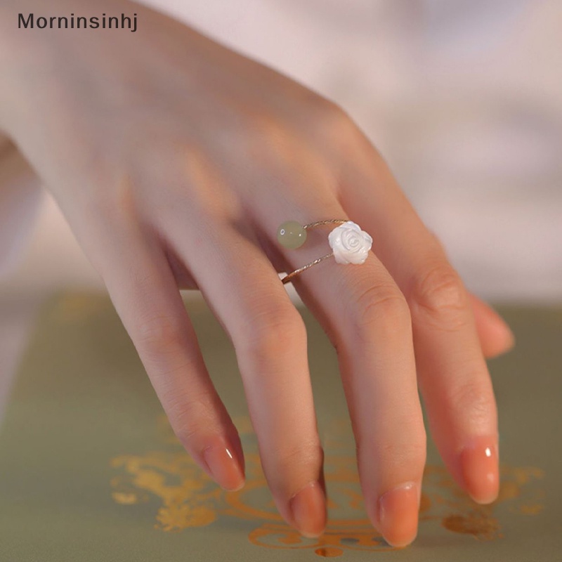 Mornin Vintage Fashion Hotan Jade White Rose Flower Open Rings Untuk Wanita Cincin Yang Dapat Disesuaikan Pesta Pernikahan Perhiasan Hadiah id