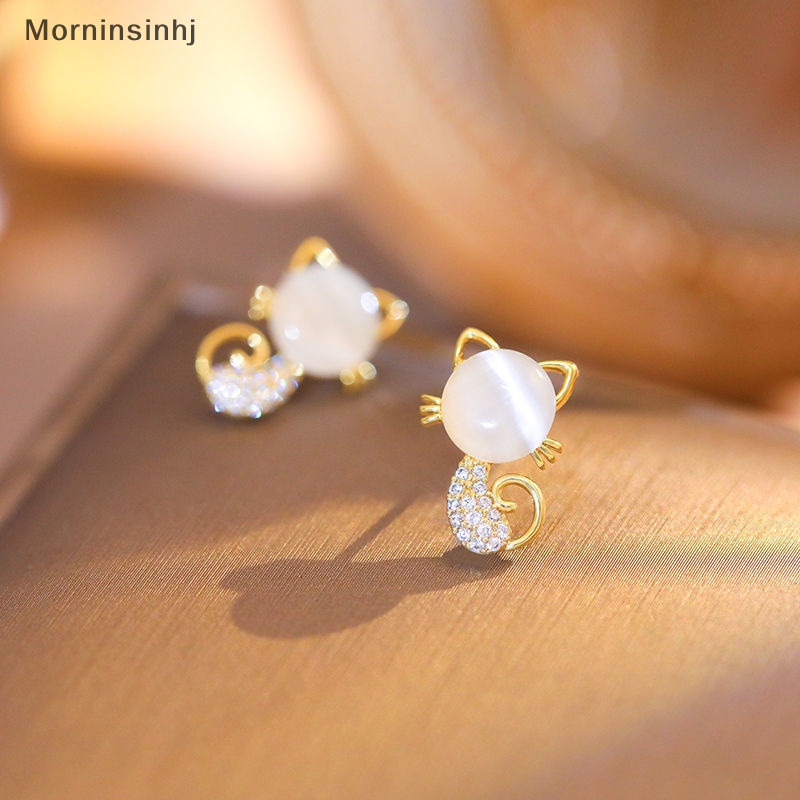 Mornin Gaya Korea Fashion Pesona Imitasi Opal Cat Stud Earring Untuk Wanita Berlian Mengkilap Anting Anak Kucing Lucu Coil Nyamuk Telinga Klip id