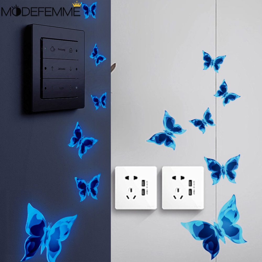 Self-adhesive Switch Decor Decal/Biru Bercahaya Kupu-Kupu Wallpaper/Tahan Air Debu Aplikasi Dinding/Ponsel Laptop Seni Stiker/Kamar Tidur Romantis DIY Mural