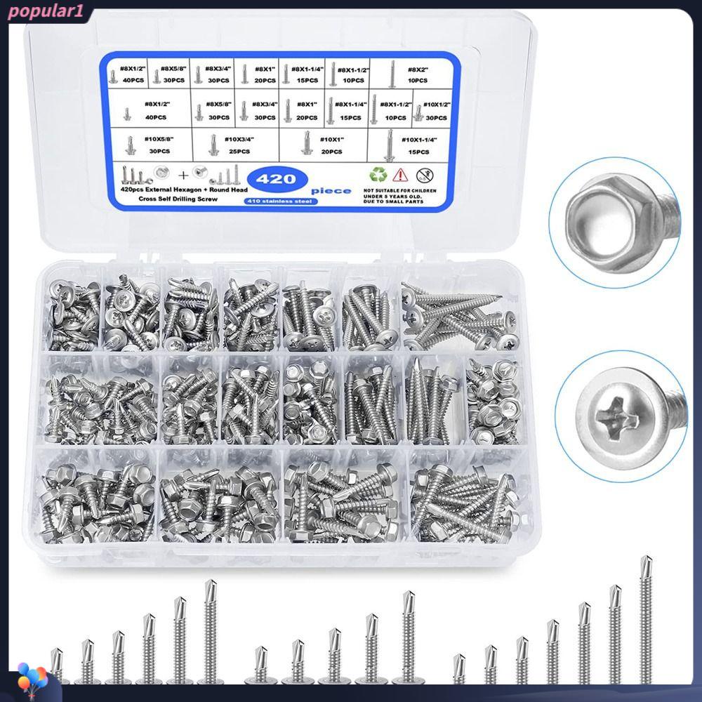 Populer 420pcs Sekrup Bor Diri Screw Bundle Silver Hex Washer Head #8#10kit Aneka Sekrup Untuk Bangunan Dan Perbaikan