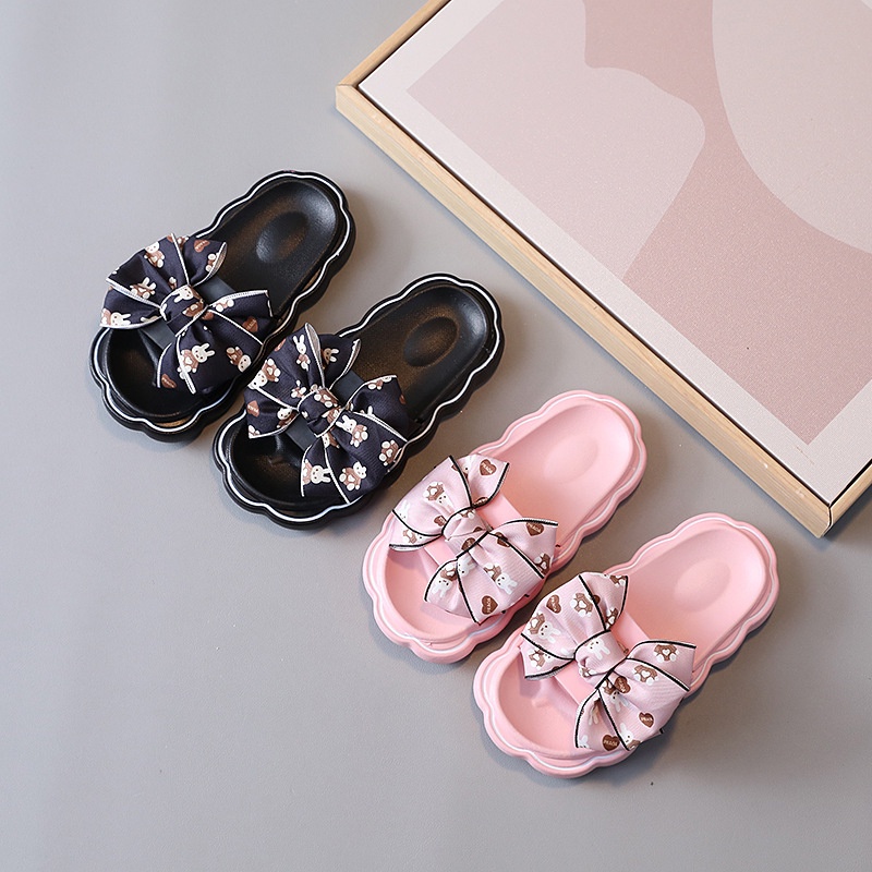 TOPGROSIR LV0302 Sandal Slop Anak Import Perempuan Motif Pita Bear Pulkadot / Sandal Slip On Anak Perempuan Kekinian