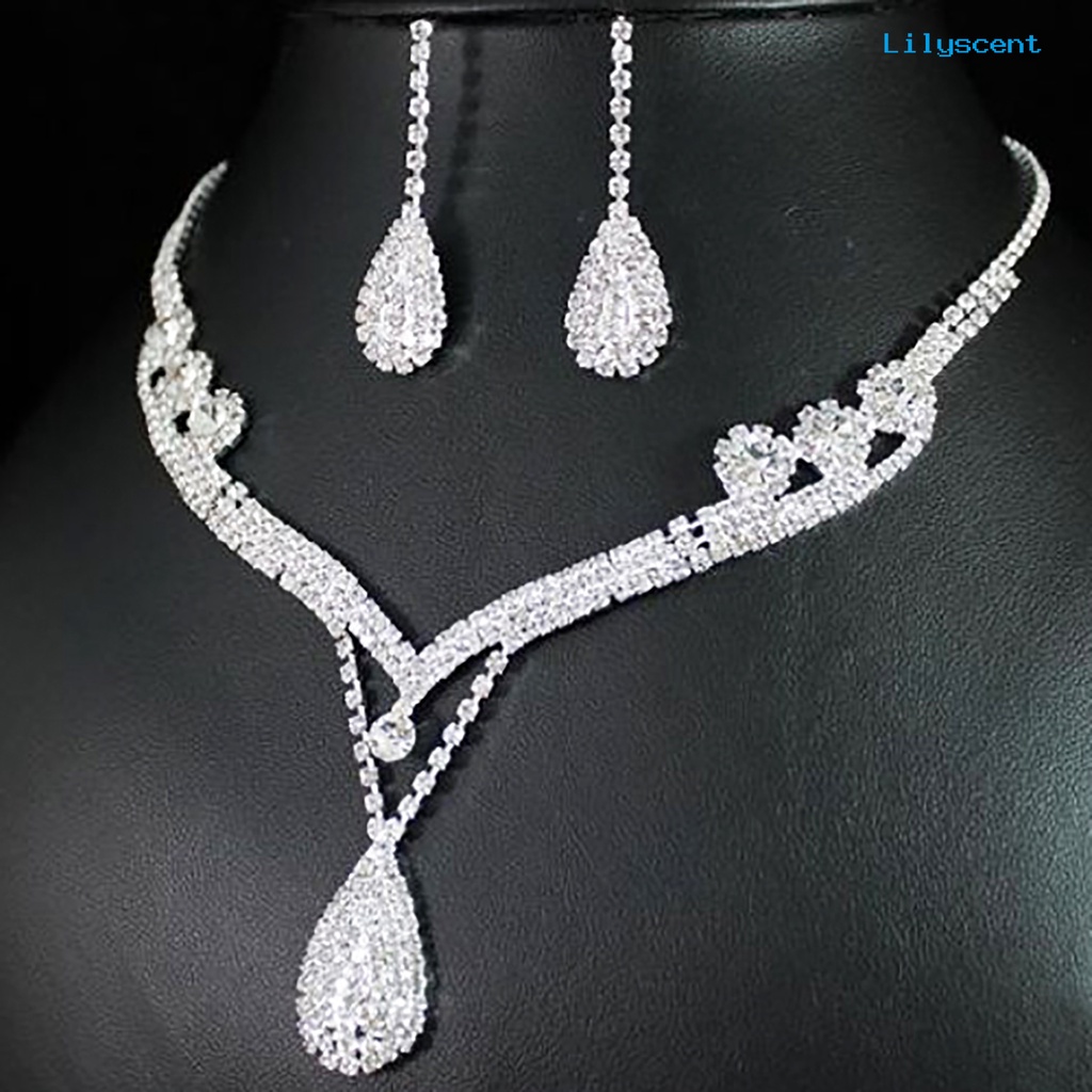 [LS] Water Drop Pendant Charming Indah Berlian Imitasi Berlian Imitasi Tetesan Air Kalung Anting Set Untuk Pesta Prom Pernikahan