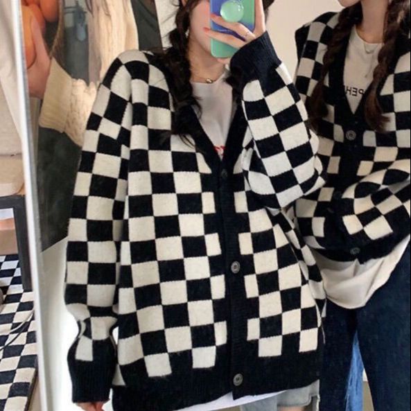 CHECKER OVERSIZED KNIT CARDIGAN WOMAN WINTER IMPORT KOREAN STYLE KARDIGAN RAJUT WANITA