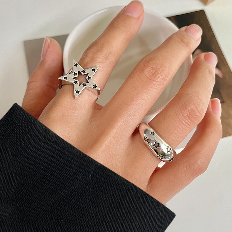 [Harga Grosir] Fashion Bintang Hip Hop Style Adjustable Open Rings Untuk Wanita Dan Pria/Ladies Silver Metal Finger Ring/Daily &amp; Party Vintage Rings/Perhiasan Wanita Populer