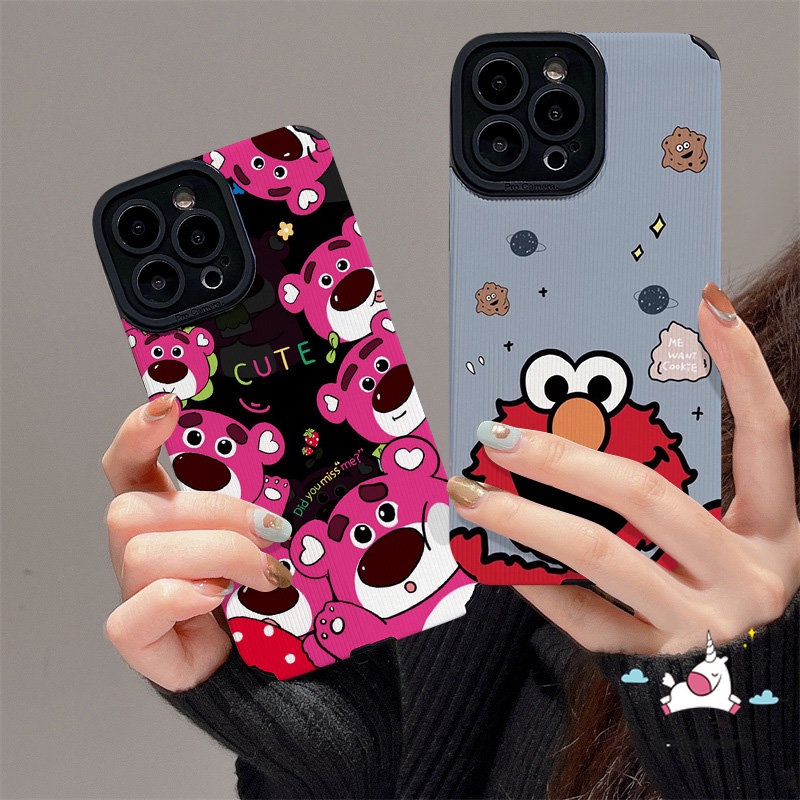 IPHONE Art Bunga Warna-Warni Kartun Sesame Street Elmo Case Kompatibel Untuk Iphone7 8 Plus11 13 12 XR 14 Pro MAX X XS MAX Cute Strawberry Bear Manyo Tekstur Kulit Shockproof Soft Cover