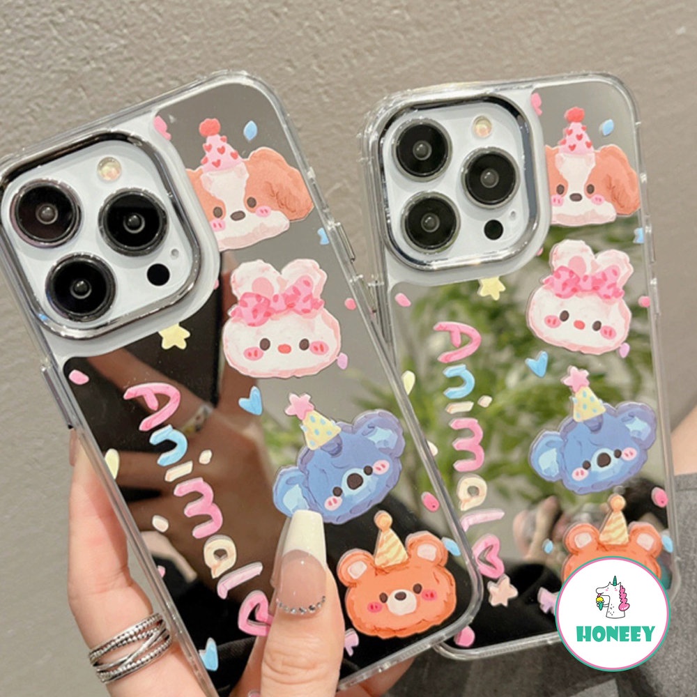 Ins Lovely Party Animals Phone Case Kompatibel Untuk iPhone 14 Pro Max13 12 Pro Max Case iPhone 11cermin Makeup Shockproof Sarung Handphone